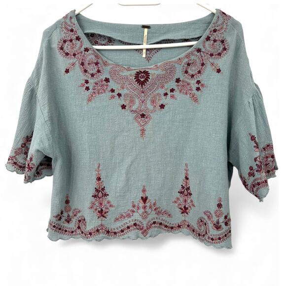 Free People S Adriana Woven Tee chambray embroidered top Cropped Blouse - Picture 2 of 9